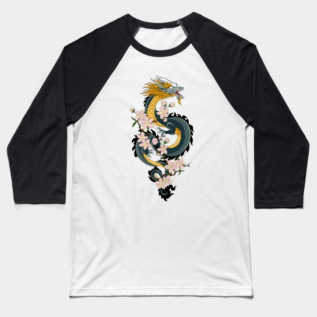 Japanese Dragon and cherry blossoms Baseball T-Shirt by Gekko and the Samurai 